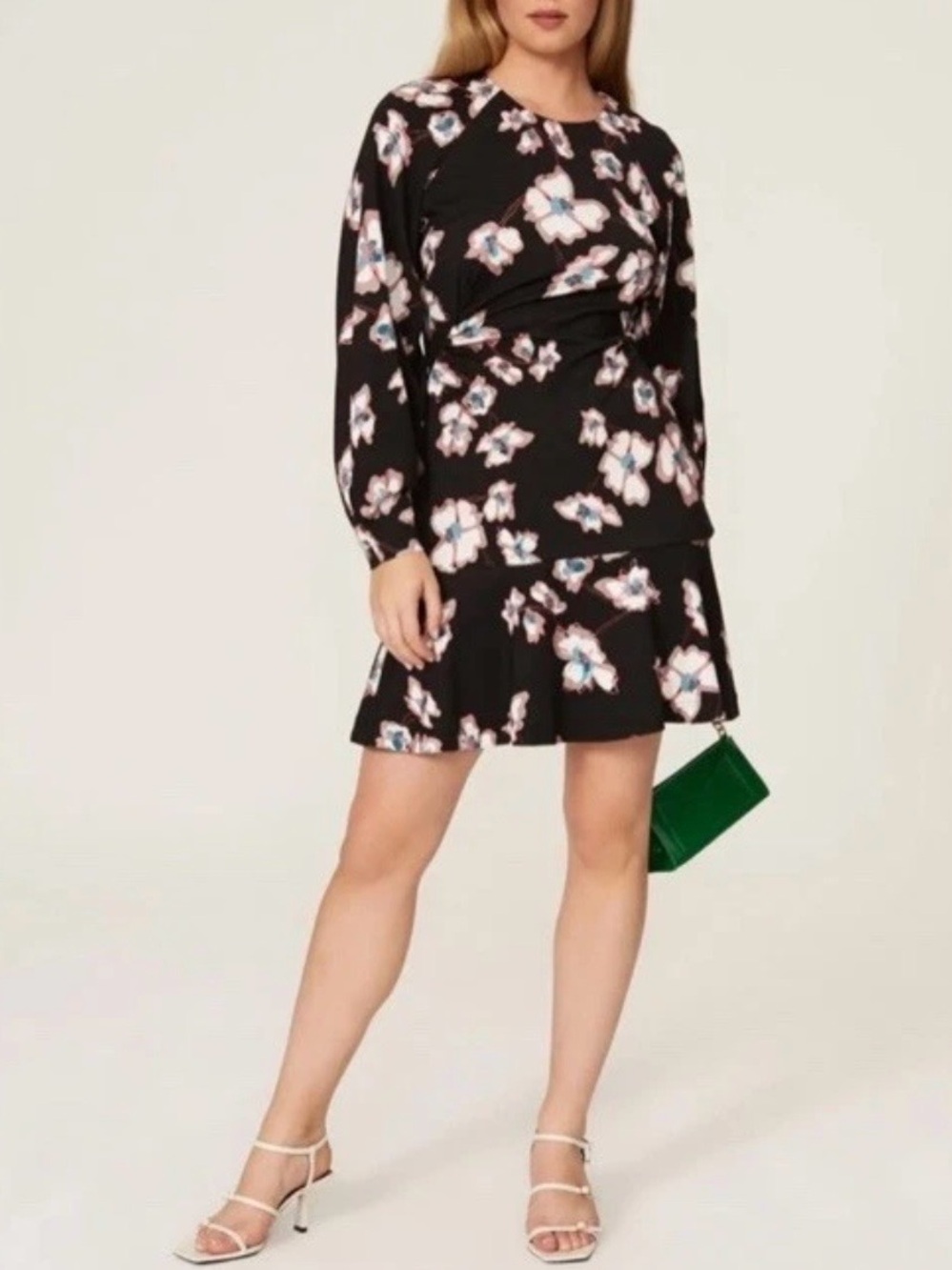 Tanya Taylor Black Mini Dress with Pink & White Floral Print